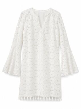 Trina Turk Lace Shift Dress Bell Sleeve Tassel Hem White Sample Size/Woman Sm